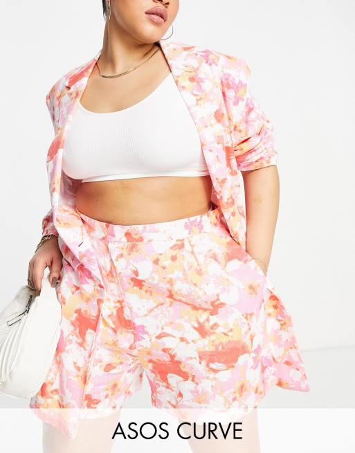 ASOS DESIGN Curve - Nette short van linnen met abstracte bloemenprint 