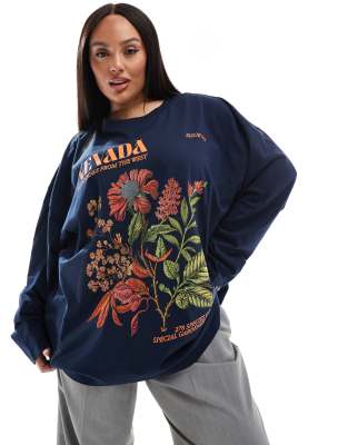 ASOS DESIGN Curve Nevada botanical flower graphic long sleeve t-shirt-Navy