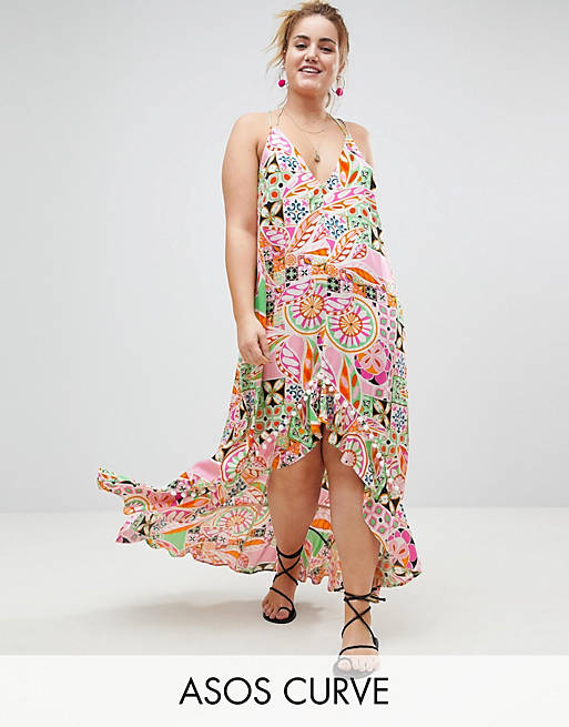 ASOS DESIGN CURVE New Retro Print Pom Pom Trim High Low Hem Maxi Beach Dress