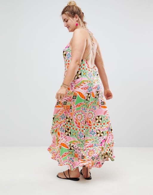 sarkom Secréte mangel ASOS DESIGN CURVE New Retro Print Pom Pom Trim High Low Hem Maxi Beach Dress  | ASOS