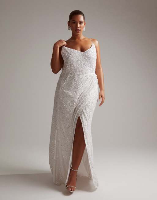 ASOS DESIGN Curve Nia embellished drape side cami maxi wedding dress in ivory