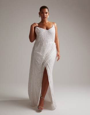 ASOS DESIGN Curve Nia embellished drape side cami maxi wedding dress in |  ASOS