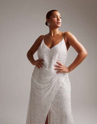 ASOS DESIGN Curve Nia embellished drape side cami maxi wedding dress in |  ASOS