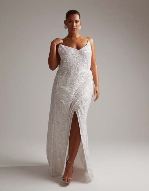 ASOS DESIGN Curve - Nia - Hvid maxi-brudekjole med udsmykninger, draperede sider og cami-stropper
