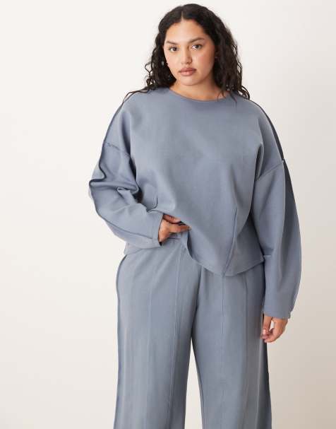 ASOS DESIGN Curve interlock boat neck sweat with seam detail in blue