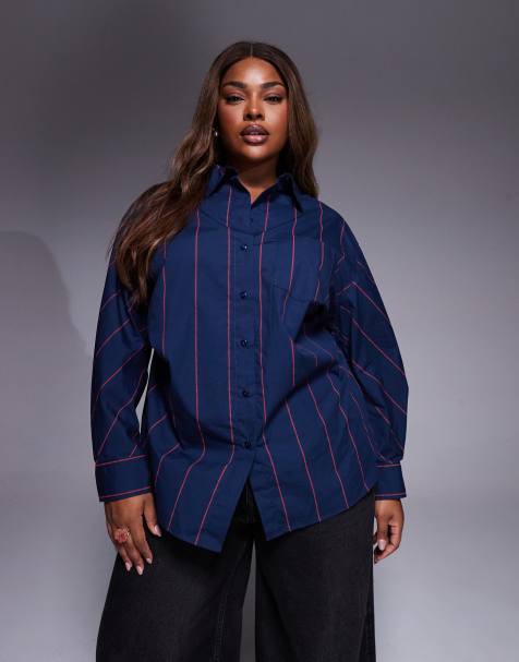 ASOS DESIGN Curve – Niebieska koszula oversize w czerwone prążki z zaszewkami - view 1