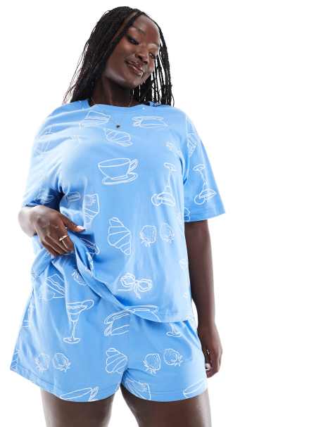ASOS DESIGN Curve – Niebieska piżama ze wzorem z motywem brunchu: T-shirt oversize i szorty - view 1