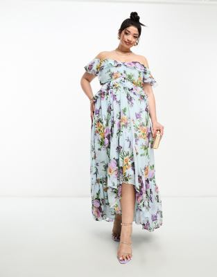 ASOS DESIGN Curve – Niebieska sukienka maxi z falbankami i wycięciem, odkrytymi ramionami i asymetrycznym dołem w kwiatowy wzór