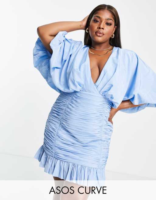 ASOS DESIGN Curve – Niebieska sukienka mini z marszczoną spódnicą i obszerną górą