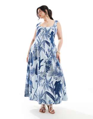 ASOS DESIGN Curve – Niebieska sukienka tenisowa maxi z ozdobnymi szwami w tropikalny wzór