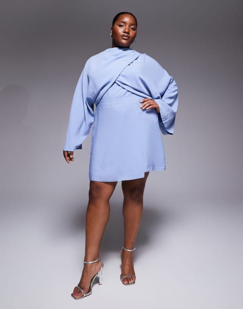 ASOS DESIGN Curve  batwing wrap high neck playsuit in dusky blue