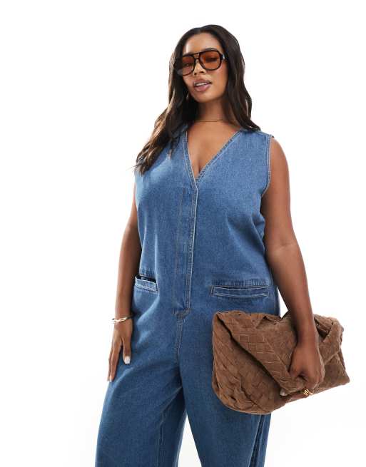 ASOS DESIGN Curve – Niebieski luźny kombinezon jeansowy bez rękawów, 2 z 4