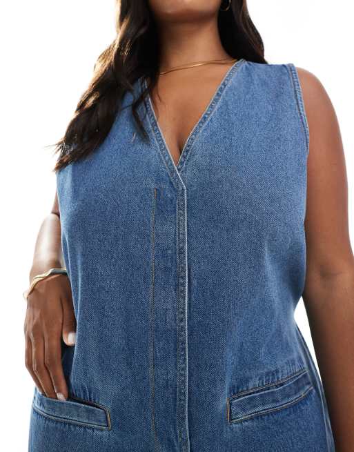 ASOS DESIGN Curve – Niebieski luźny kombinezon jeansowy bez rękawów, 3 z 4