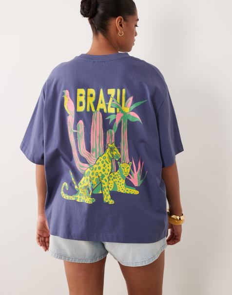 ASOS DESIGN Curve – Niebieski T-shirt oversize z grafiką z panterami i napisem „Brazil" - view 1