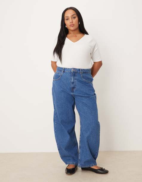 ASOS DESIGN Curve high waisted barrel leg jeans in clean mid blue