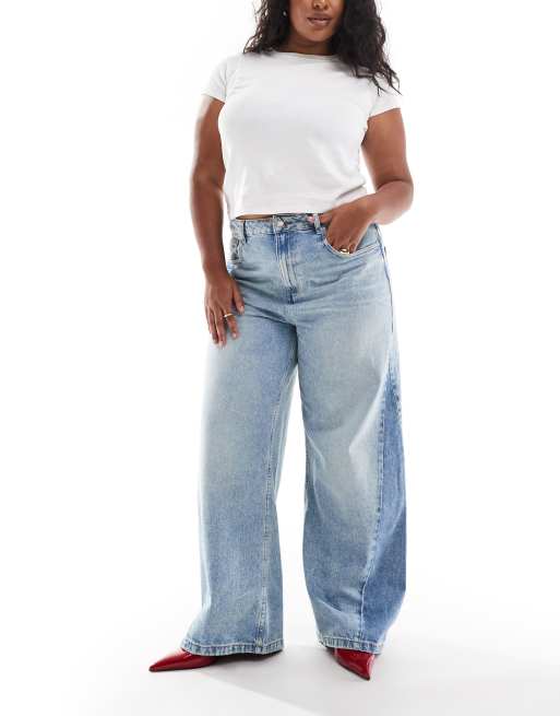 ASOS DESIGN Curve – Niebieskie jeansy z szerokimi nogawkami i wysokim stanem oraz regulacją w talii, patchworkową wstawką i skręconymi szwami
