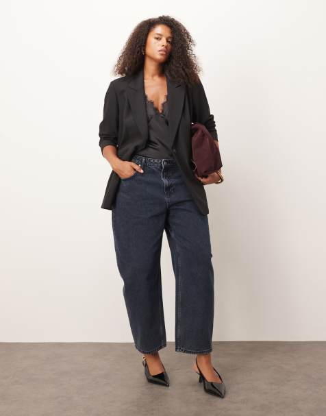 ASOS DESIGN Curve – Niebieskoczarne dopasowane jeansy barrel - view 1
