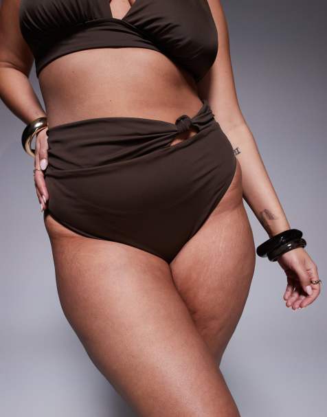 ASOS DESIGN Curve – Nina – Bikinihose in Schokobraun mit Knotendetail - view 1