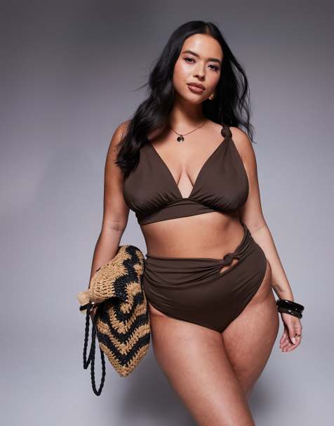 ASOS DESIGN Curve Nina knot bikini top in chocolate brown
