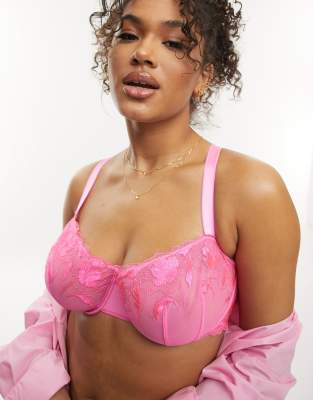 ASOS DESIGN Curve - Nina - Reggiseno a balconcino trasparente in pizzo rosa a fiori con bordi a festoncino