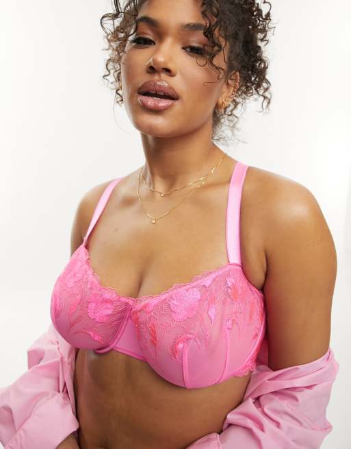 ASOS DESIGN Curve Nina sheer floral lace balcony bra with picot trim in pink