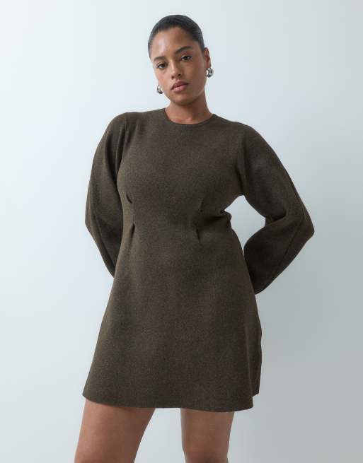 ASOS DESIGN Curve nipped waist mini dress in chocolate, 2 of 5