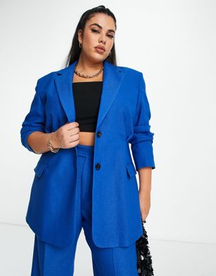 ASOS DESIGN Curve nipped waist suit blazer in blue - ASOS Price Checker