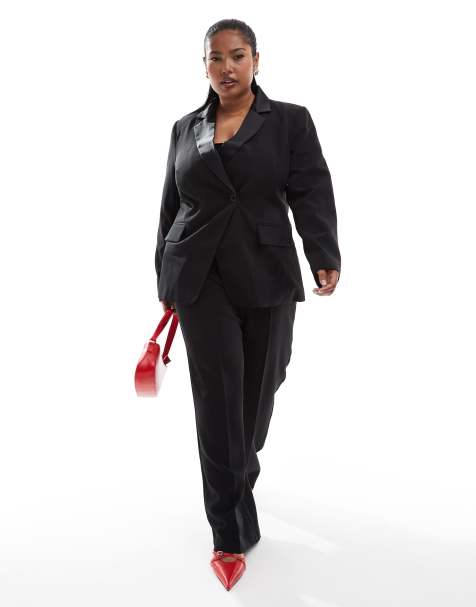 ASOS DESIGN Curve nipped waist tux blazer and trousers co-ord in black - view 1