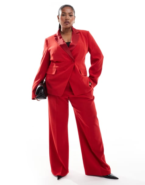 ASOS DESIGN Curve nipped waist tux blazer and trousers co-ord in red - view 1