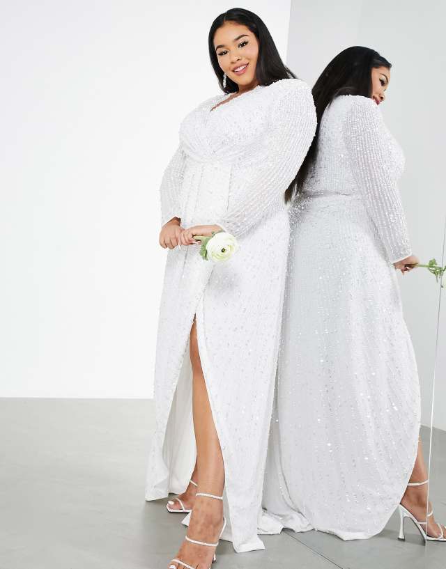 ASOS Curve - ASOS DESIGN Curve Nola pleated plunge wrap wedding dress in sequin