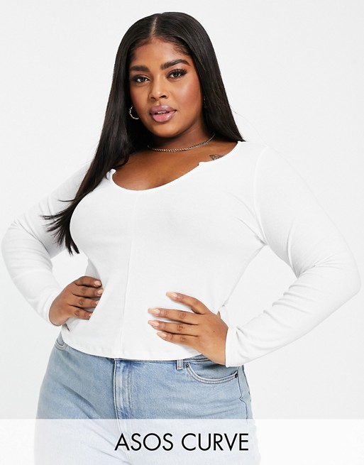 ASOS DESIGN Curve notch front long sleeve crop top in rib in white