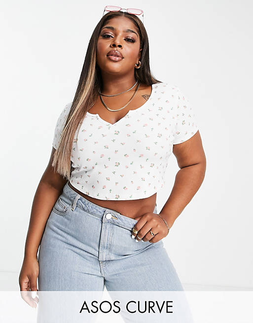 ASOS DESIGN Curve notch front t-shirt in white floral