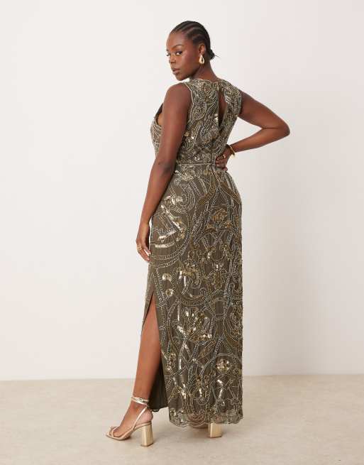 ASOS Design Curve nouveau embellished maxi dress in charcoal, 3 of 4