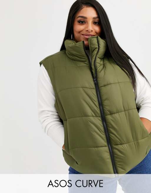 ASOS DESIGN Curve nylon padded gilet jacket in khaki | ASOS