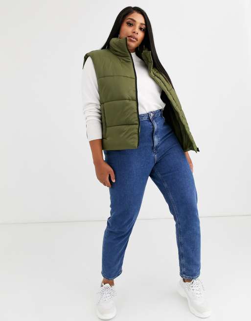 ASOS DESIGN Curve nylon padded gilet jacket in khaki | ASOS