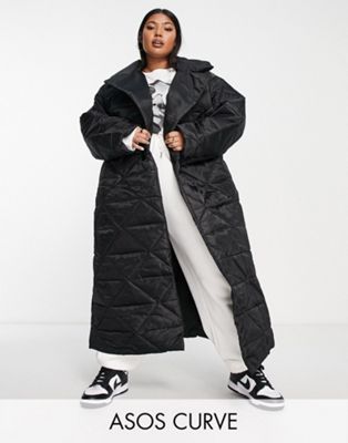 ASOS DESIGN Curve nylon quilted maxi puffer coat in black