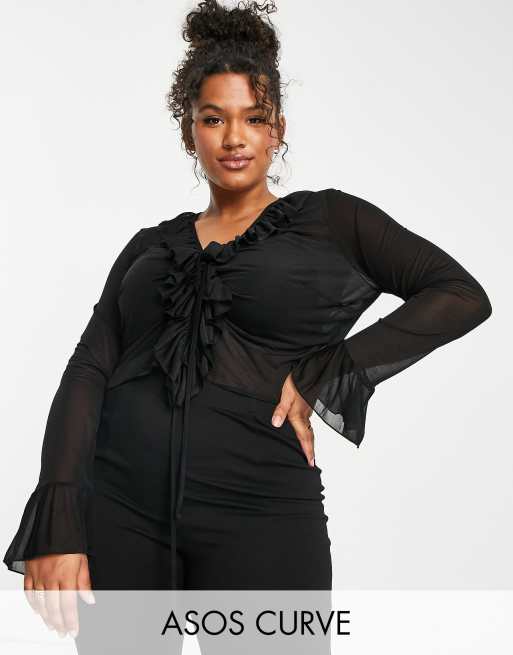 ASOS DESIGN Curve Oberteil aus flieBendem Netzstoff in Schwarz mit Ruschen vorne ASOS