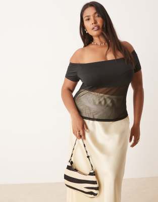 ASOS DESIGN Curve - Oberteil aus Mesh in Schwarz mit Bardot-Ausschnitt