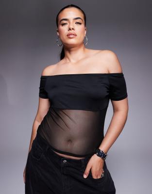 ASOS DESIGN Curve – Oberteil aus Mesh in Schwarz mit Bardot-Ausschnitt - view 1