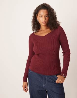 ASOS DESIGN Curve - Oberteil aus Strukturstrick in Burgunderrot mit V-Ausschnitt-Lila