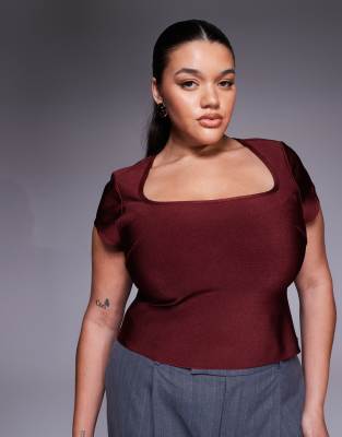 ASOS DESIGN Curve - Oberteil in Burgunderrot mit Bandagen-Design, eckigem Ausschnitt und Kappärmeln