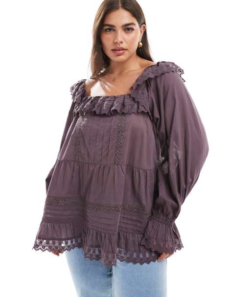 ASOS DESIGN Curve – Oberteil in Pflaumenlila mit Spitze und Lochstickerei-Stoff und eckigem Ausschnitt - view 1