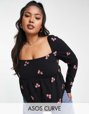 ASOS DESIGN Curve - Oberteil in Schwarz mit eckigem Ausschnitt und aufgestickten Blumen in Rot