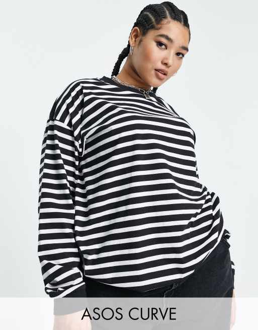 ASOS DESIGN Curve – Oberteil mit Bündchen-Details in Marineblau & Weiß gestreift