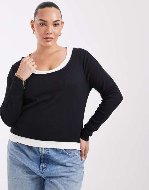 ASOS DESIGN Curve Oberteil mit doppelter Lage und langen Ärmeln in Schwarz-Weiß, 2 von 4