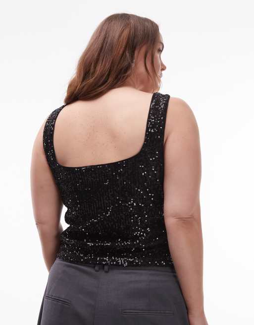ASOS DESIGN Curve – Oberteil mit durchgehendem Paillettenbesatz in Schwarz und eckigem Ausschnitt, 2 von 4