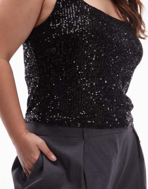 ASOS DESIGN Curve – Oberteil mit durchgehendem Paillettenbesatz in Schwarz und eckigem Ausschnitt, 3 von 4