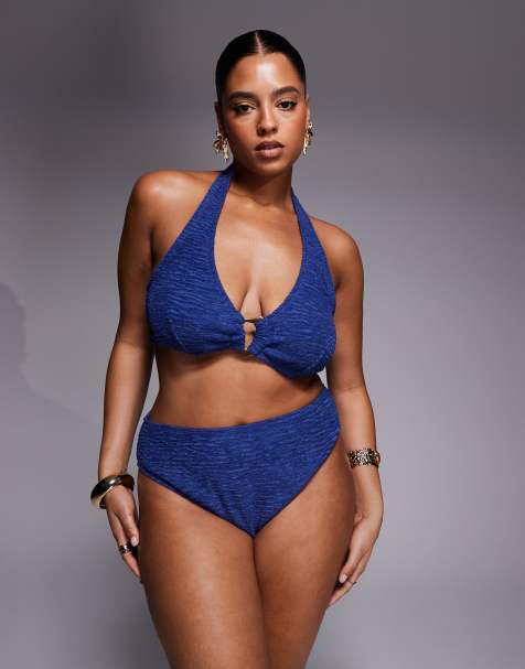 ASOS DESIGN Curve Oceana halter neck bikini top with molten hardware in navy - view 1