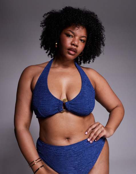 ASOS DESIGN Curve Oceana halter neck bikini top with molten hardware in navy