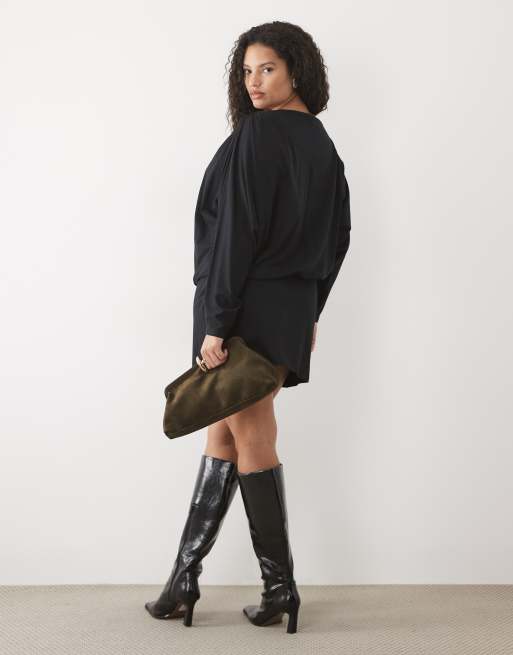 ASOS DESIGN Curve off shoulder batwing mini dress in black, 2 of 4